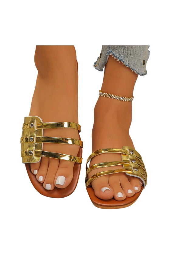 Womens Metal Strappy Flat Sandals Open Toe N On Slip Lightweight Slippers Summer Dressy Vacati On Beach Shoes