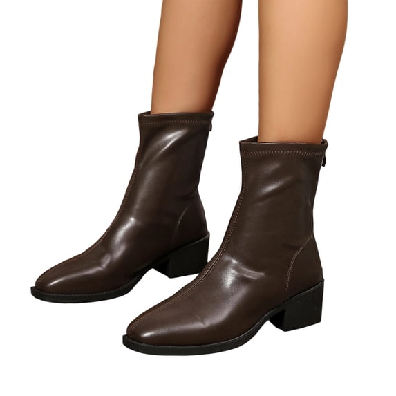 Purcolt Womens PU Leather Ankle Boots Vintage Trendy Pointed Toe Block Heel Booties Comfort Elegant Slip-on Back Zipper Short Boots for Business Work Office