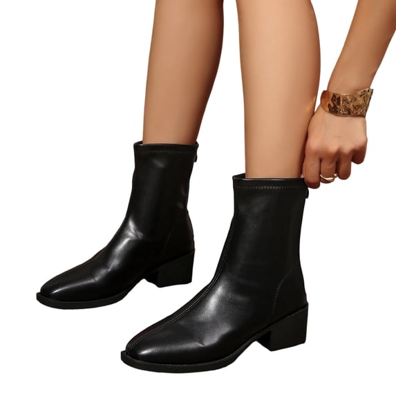 Purcolt Womens PU Leather Ankle Boots Vintage Trendy Pointed Toe Block Heel Booties Comfort Elegant Slip-on Back Zipper Short Boots for Business Work Office
