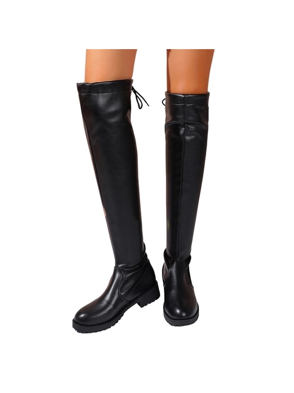 Womens PU Leather Over the Knee Boots Lightweight Comfort Round Toe Block Heel Thick Sole Thigh High Boots Elegant Casual Slim Fit Long Boots with Back Strap