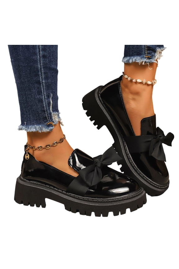 Womens PU Leather Loafers Dressy Casual Bow Round Toe Chunky Block Heel Penny Loafers Comfort Slip On Anti Slip Dress Shoes