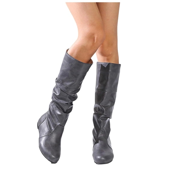 Purcolt Womens PU Leather Wrinkle Slouch Mid-Calf Boots Y2K Vintage Casual Round Toe Low Heel Flat Booties Lightweight Comfort Slip-on Tall Boots Streetwear
