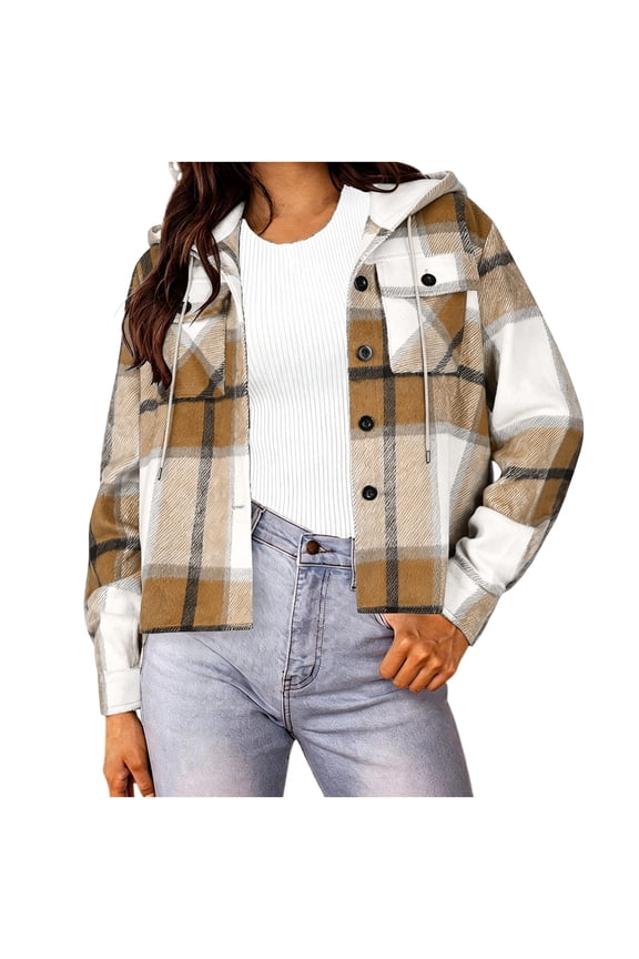 Womens Plaid Flannel Hooded Dressy Casual Drawstring Button Down Cropped Shacket Comfort Loose Fit Jacket Outerwear with Pockets