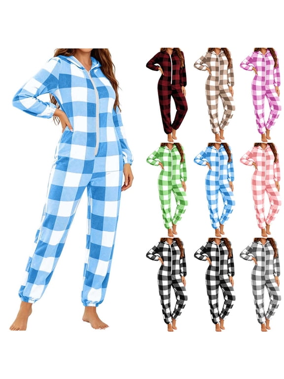 Womens Plaid Hooded Onesie Pajamas Comfort Casual Jumpsuit Matching Family Front Zipper Winter Warm Rompe Sleepwear Soft Thermal Nightwear Pj