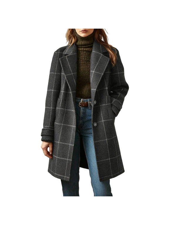 Womens Plaid Wool Blend Pea Coats Fall Winter Single Breasted Notched Lapel Collar Casual Trench Coat Mid Long Overcoat Outerwear with Pockets