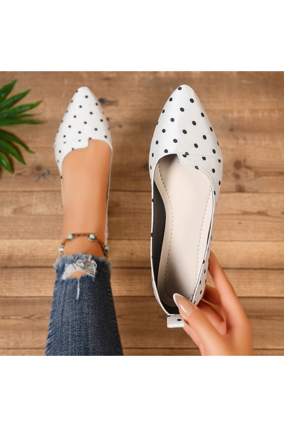 Womens Polka Print Flats Dressy Casual Asymmetrical Cut Pointed Toe Slip On Ballet Shoes Comfort Elegant Soft Sole Dress Shoes for Business Work Office