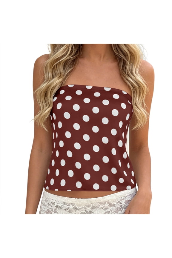 Womens Polka Strapless Bandeau Tube Top Summer Trendy Sleeveless Cropped Tunic Tops Comfort Slim fit Blouse Going Out Tops for Club Beach Vacation Party