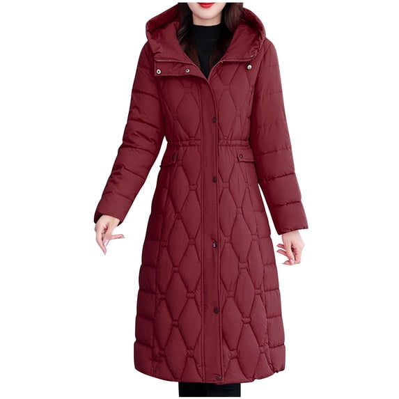Purcolt Womens Quilted Hooded Puffer Jackets Dressy Casual Drawstring Waist Winter Thermal Coats Windproof Waterproof Mid-Length Outerwear with Pockets