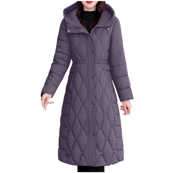 Purcolt Womens Quilted Hooded Puffer Jackets Dressy Casual Drawstring Waist Winter Thermal Coats Windproof Waterproof Mid-Length Outerwear with Pockets