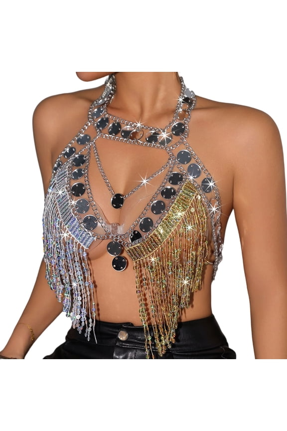 Womens Rhinestones Halter Crop Tops Dressy Trendy Slim Fit Crystal Chest Body Chain Top Going Out Tops for Club Disco Cocktail