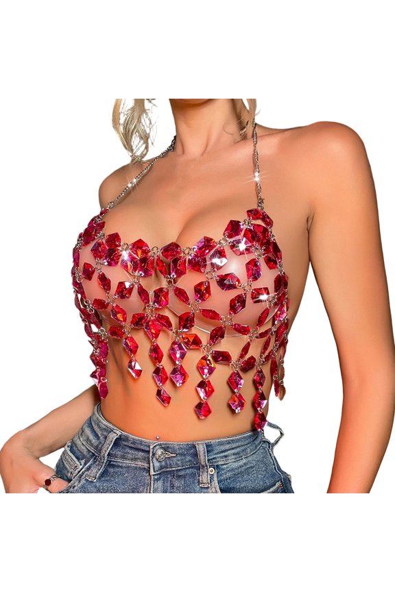 Womens Rhinestones Halter Crop Tops Dressy Trendy Slim Fit Crystal Chest Body Chain Top Going Out Tops for Club Disco Cocktail