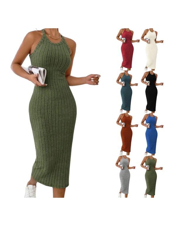 Womens Ribbed Knit Halter Dress Summer Casual Sleeveless Stretchy Bodycon Maxi Dresses Beach Vacation Tank Dress