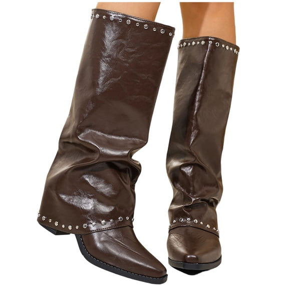 Purcolt Womens Rivets Trim Fold Over Shaft Mid-Calf Boots Vintage Trendy Pointed Toe Low Block Heel Tall Western Cowgirl Boots Comfort Casual Non-Slip Pull On Booties