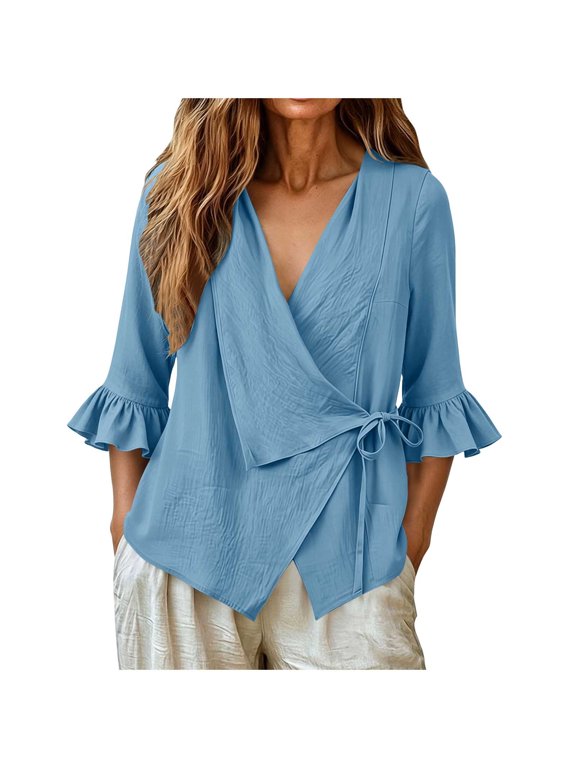Womens Ruffled 3/4 Sleeve Shirts Dressy Casual V Neck Side Tie Wrap Blouses Elegant Comfort Loose Fit Tunic Tops for Business Work Office