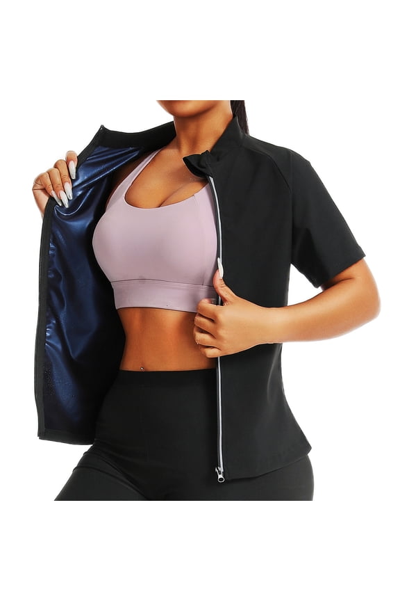 Womens Sauna Workout Stand Neck Short Sleeve Hot Body Shaper Jacket Slim Fit Waist Trainer Full Zipper Shirt for Yoga Running Cycling