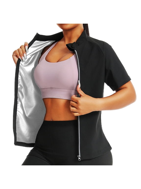 Womens Sauna Workout Stand Neck Short Sleeve Hot Body Shaper Jacket Slim Fit Waist Trainer Full Zipper Shirt for Yoga Running Cycling