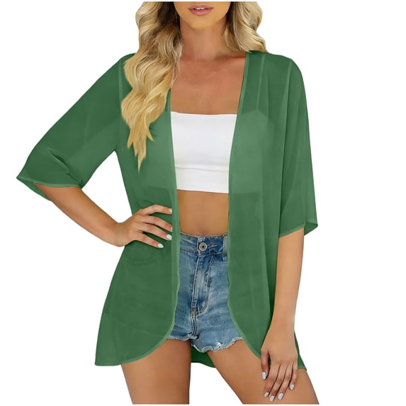 Purcolt Womens Sheer Chiffon Kimono Cardigan Lightweight Casual 3/4 Length Sleeve Open Front Midi Cover Ups Comfort Loose Fit Beach Vacation Resort Wear