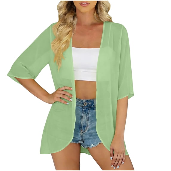 Purcolt Womens Sheer Chiffon Kimono Cardigan Lightweight Casual 3/4 Length Sleeve Open Front Midi Cover Ups Comfort Loose Fit Beach Vacation Resort Wear