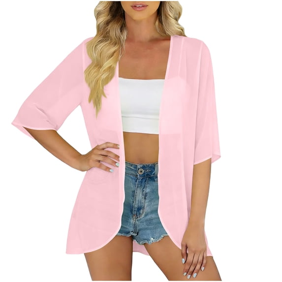 Purcolt Womens Sheer Chiffon Kimono Cardigan Lightweight Casual 3/4 Length Sleeve Open Front Midi Cover Ups Comfort Loose Fit Beach Vacation Resort Wear