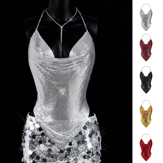 Purcolt Womens Shiny Mental Halter Crop Tank Tops Glitter Metallic Backless Deep V Sleeveless Body Chain Top Trendy Slim Fit Going Out Tops for Club Disco Cocktail