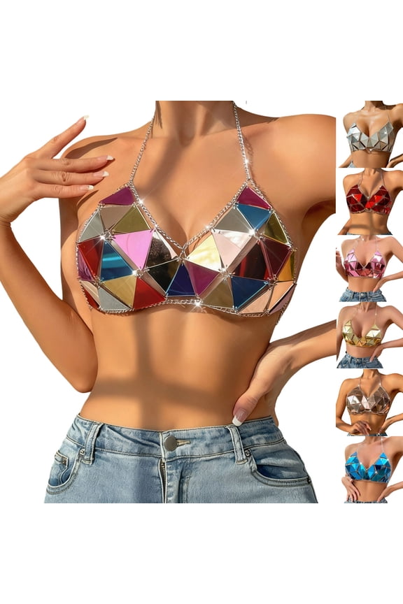 Womens Shiny Metallic Tank Tops Glitter Backless Sleeveless Halter Cami Top Going Out Crop Tops Nightclub Cocktail Bikini Body Chain Tops