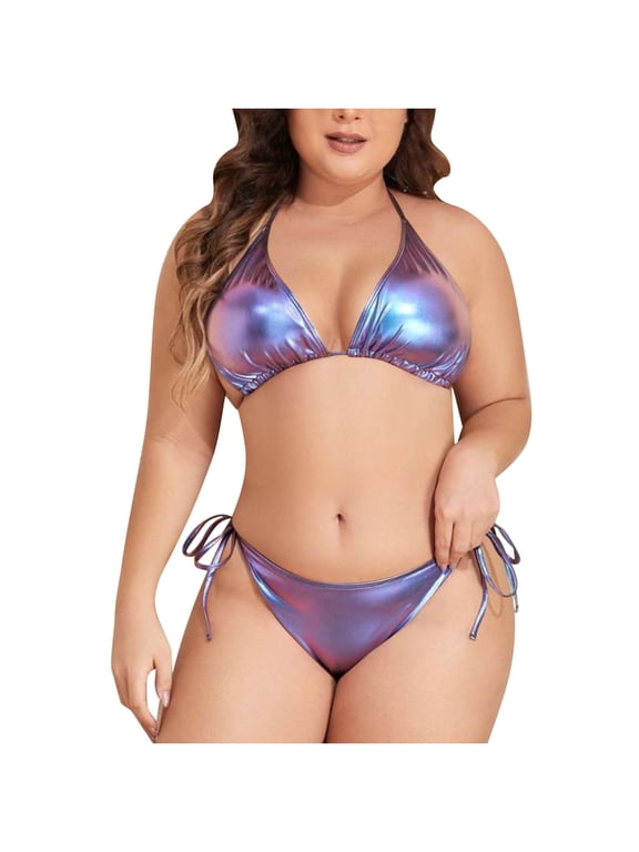 Womens Shiny Metallic Triangle Bikini Sets Plus Size Halter Neck Side Drawstring Cheeky Bottom Bathing Suit Swimsuit