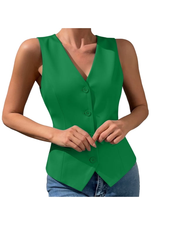 Womens Sleeveless Blazer Vest V Neck Button Down Fitted Dressy Casual Office Business Work Suit Tank Top