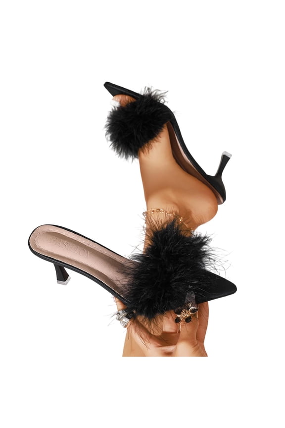 Womens Soft Feather PU Leather Slide Sandals Dressy Casual Open Pointed Toe Slim Heel Slippers Comfort Backless Slip On Dress Pumps for Evening Party Wedding