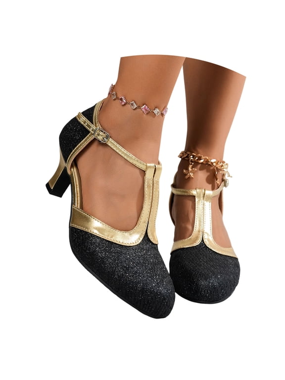 Womens Sparkly Sequin T-Strap Pumps Shiny Glitter Pointed Toe Slim Heel Dress Shoes Comfort Casual Slip On Heels for Cocktail Party, Wedding, Date Night