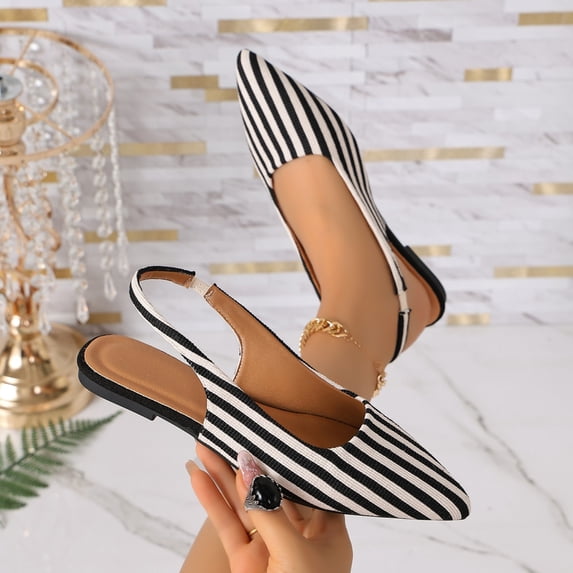 Purcolt Womens Stripes Canvas Slingback Flats Dressy Casual Pointed Toe Slip On Ballet Shoes Comfort Soft Sole Dress Shoes with Elastic Ankle Strap