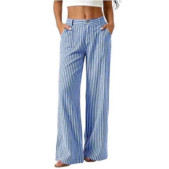 Purcolt Womens Stripes Dress Pants Stretchy Casual High Waist Straight Leg Pants Comfort Wrinkle-Free Loose Fit Trousers with Pockets for Business Work Office