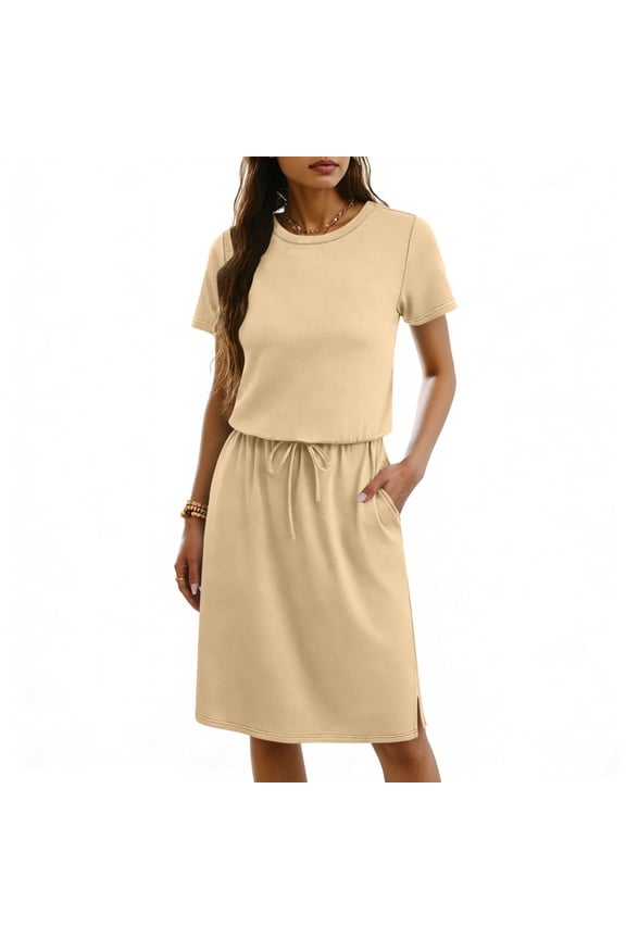 Womens Summer Midi Dresses Casual Crew Neck Short Sleeve Drawstring T Shirt Dress Side Split Lounge Sweat Dress with Pocket