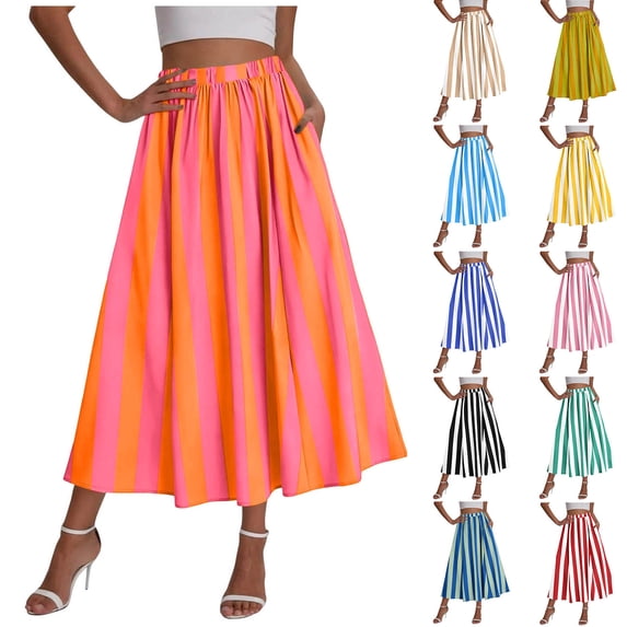 Purcolt Womens Summer Striped Maxi Skirts A-Line Elastic Waist Flowy Skirt Beach Vacation Outfits