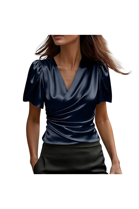 Womens Summer Tops Dressy Casual Ruffled Short Sleeve Wrap V Neck Ruched Shirts Elegant Slim Fit Business Blouses