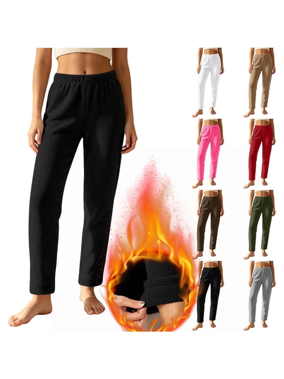 Womens Thermal Pants Casual Fleece Lined Elastic Waist Straight Leg Loungewear Pants Lightweight Comfort Loose Fit Warm Trousers for Winter