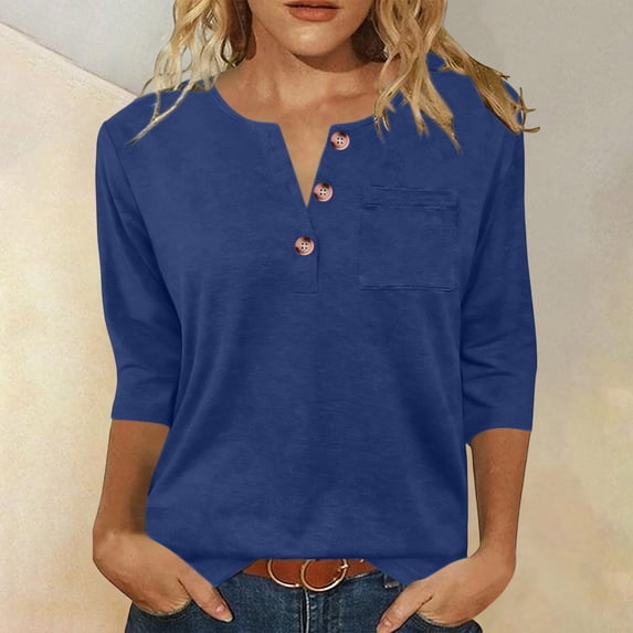 Purcolt Womens Tops 3/4 Sleeve V Neck Button Down Henley Shirts Business Casual Outfit Basic Tees Summer Top