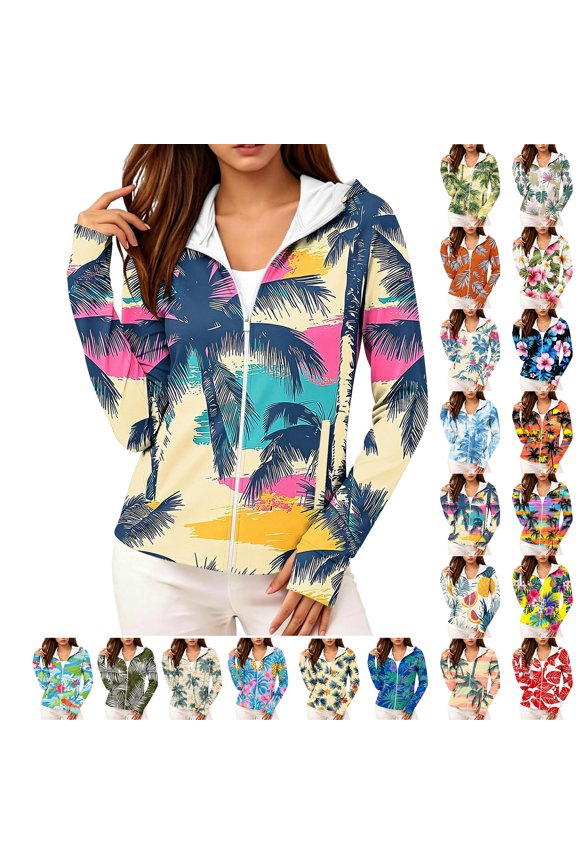 Womens Tropical Palm Tree Print Hooded Jacket Comfort Casual Sun Protection White Lined Long Sleeve Full Zip Outerwear Lightweight Loose Fit Sport Cardigan
