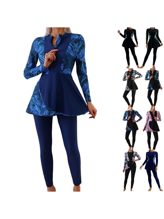Womens Two Piece Sets Swimsuits Quick Drying Tropical Hawaiian Print Front Zipper Swim Dress and Leggings Bathing Suit Modest Full Coverage Swimwear