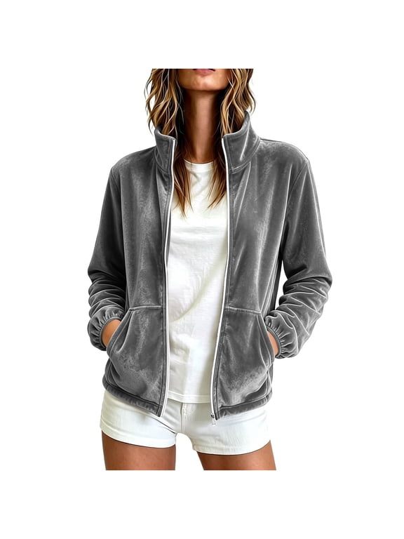 Womens Velvet Jackets Trendy Casual Stand Neck Elastic Cuff Long Sleeve Full Zip Outerwear Comfort Loose Fit Sweatwear for Hiking Running Walking