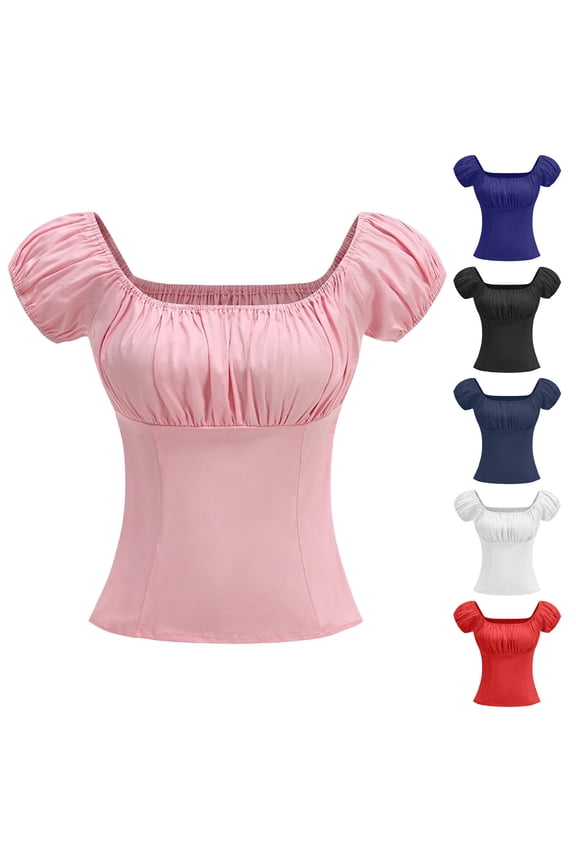 Womens Vintage Tops Dressy Elegat Square Neck Puff Short Sleeve Renaissance Shirt Summer Slim Fit Tunic Tops for Club Party Dance