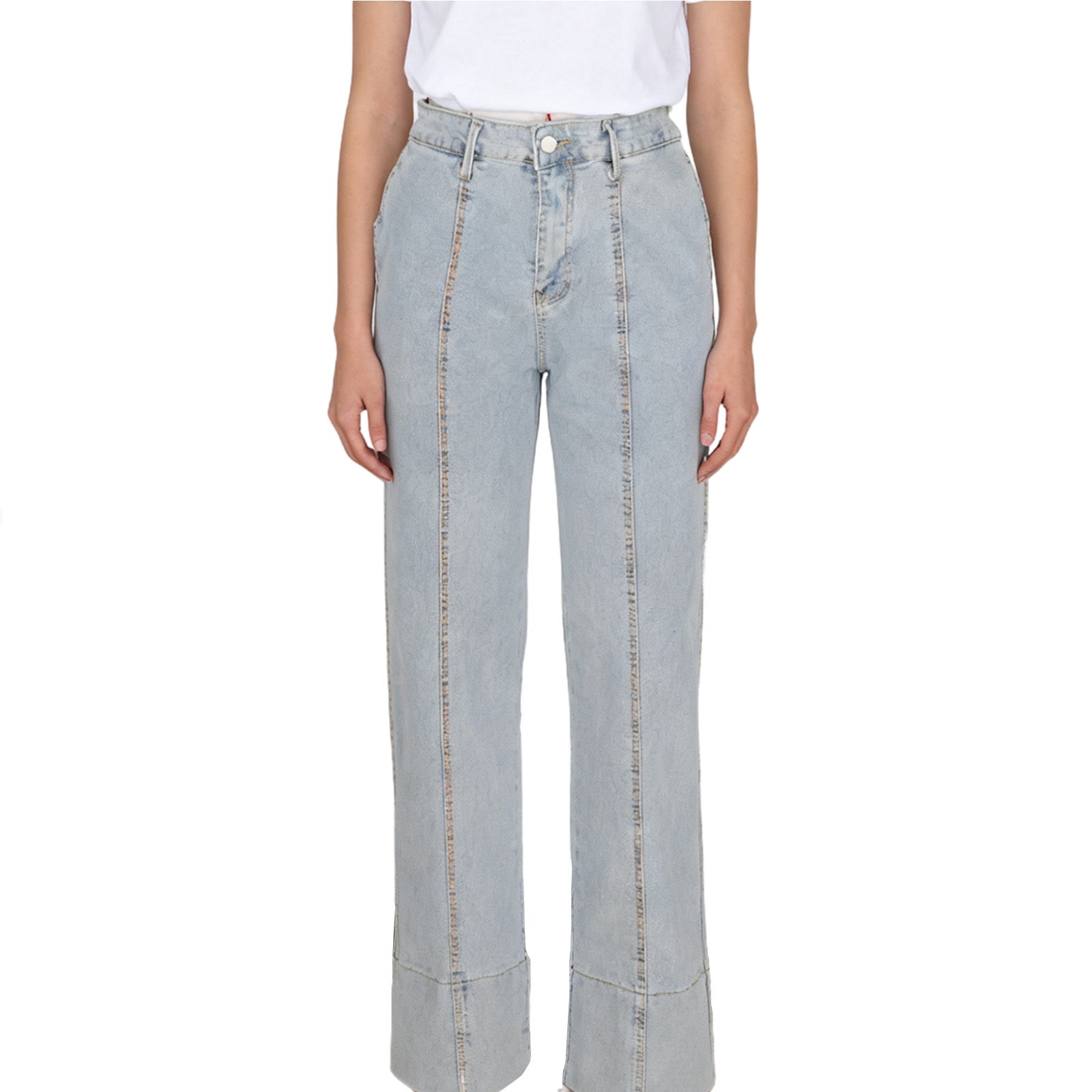 Purcolt Womens Vintage Washed Denim Pants Casual High Waist Front ...