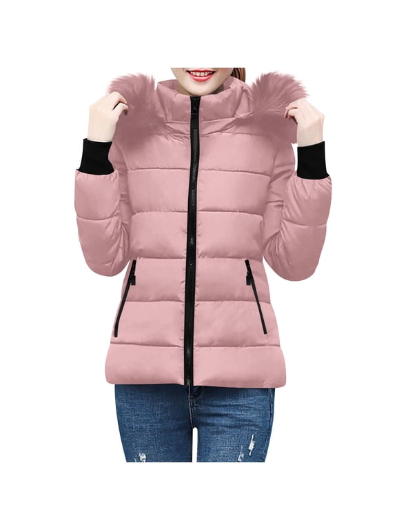 Womens Winter Puffer Coat Faux Fur Hooded Jacket Warm Full Zip Quilted Windproof Slim Fit Coats Outerwear with Pockets