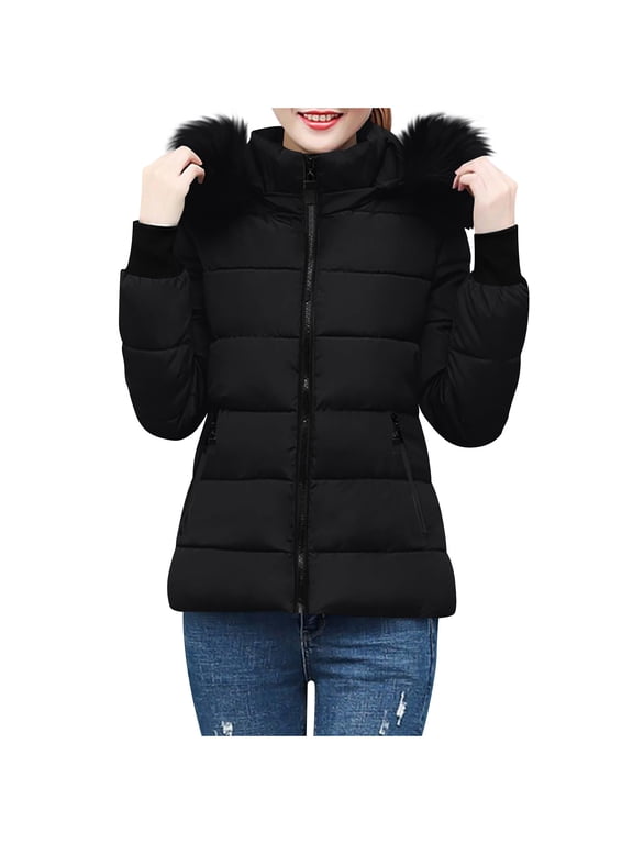 Womens Winter Puffer Coat Faux Fur Hooded Jacket Warm Full Zip Quilted Windproof Slim Fit Coats Outerwear with Pockets