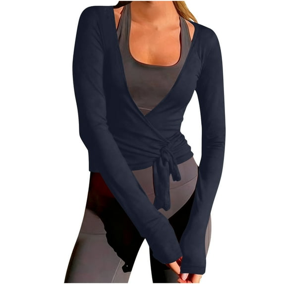Purcolt Womens Y2k Wrap Tie Tops Slim Fit Soft Long Sleeve Ballet Pilates Yoga Crop Tops Workout Active Shirts Blouses