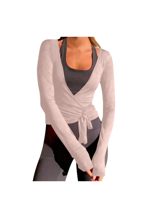 Womens Y2k Wrap Tie Tops Slim Fit Soft Long Sleeve Ballet Pilates Yoga Crop Tops Workout Active Shirts Blouses