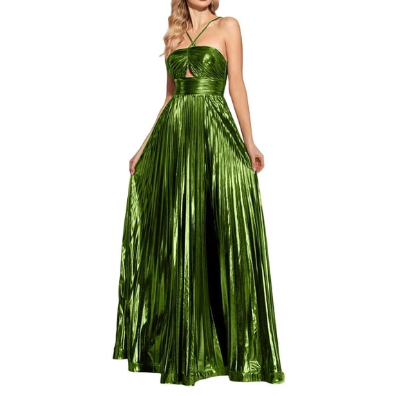 Purcot Women's Pleated Formal Dress Backless Spaghetti Strap Tie Back Maxi Dress Bridesmaid Evening Party Dresses Cocktail Wedding Guest Dresses Prom Gowns