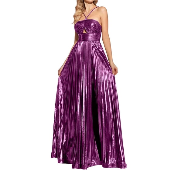 Purcot Women's Pleated Formal Dress Backless Spaghetti Strap Tie Back Maxi Dress Bridesmaid Evening Party Dresses Cocktail Wedding Guest Dresses Prom Gowns
