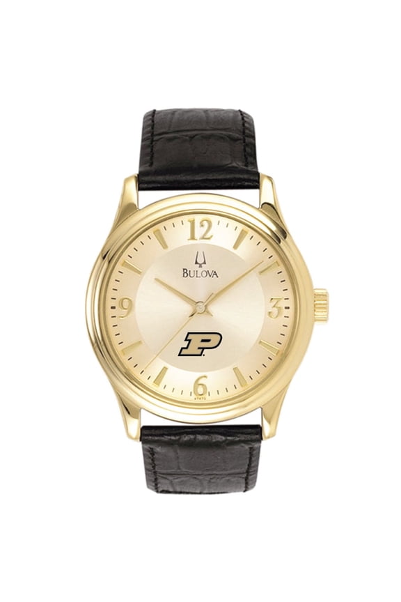 Purdue Boilermakers Gold-Tone Stainless Steel Watch with Black Leather