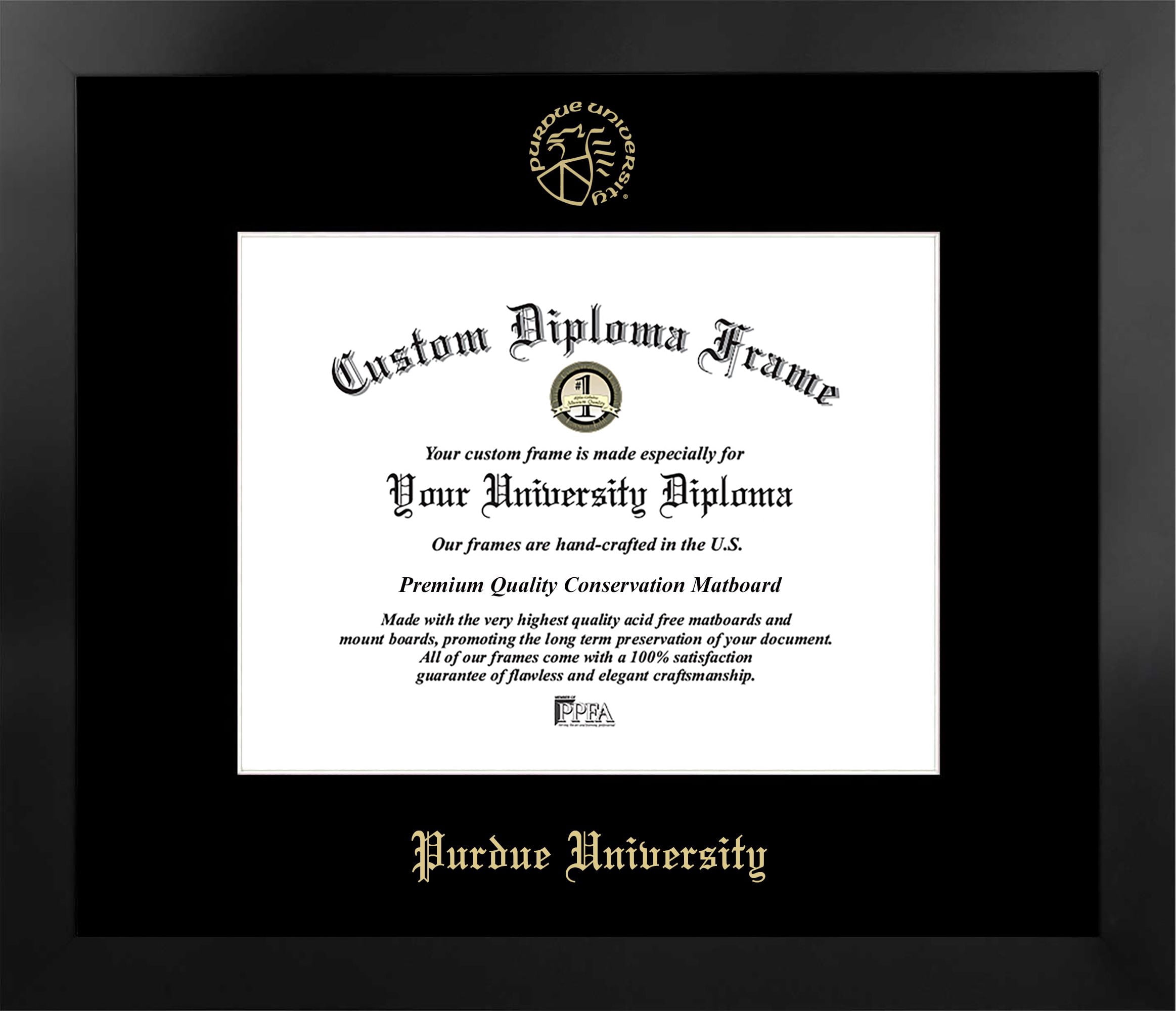 Purdue University 11w x 8.5h Manhattan Black Single Mat Gold Embossed Diploma Frame with Bonus Campus Images Lithograph (value savings at $59)