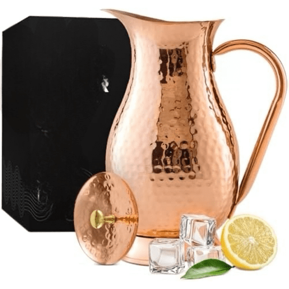 Pure 100% Copper Water Pitcher with Lid - 70 oz Large Copper Jug for Drinking Water - Heavy Duty Handcrafted - Bedside Carafe Vessel Ayurveda Hammered Health Benefits$$Home Decor, Kitchen, & Other
